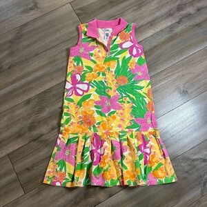 Lilly Pulitzer Girls Pink Green Floral Sleeveless Polo‎ Dress Size M 12-14